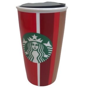STARBUCKS TUMBLER CERAMIC HOT RED STRIPED TALL 2018